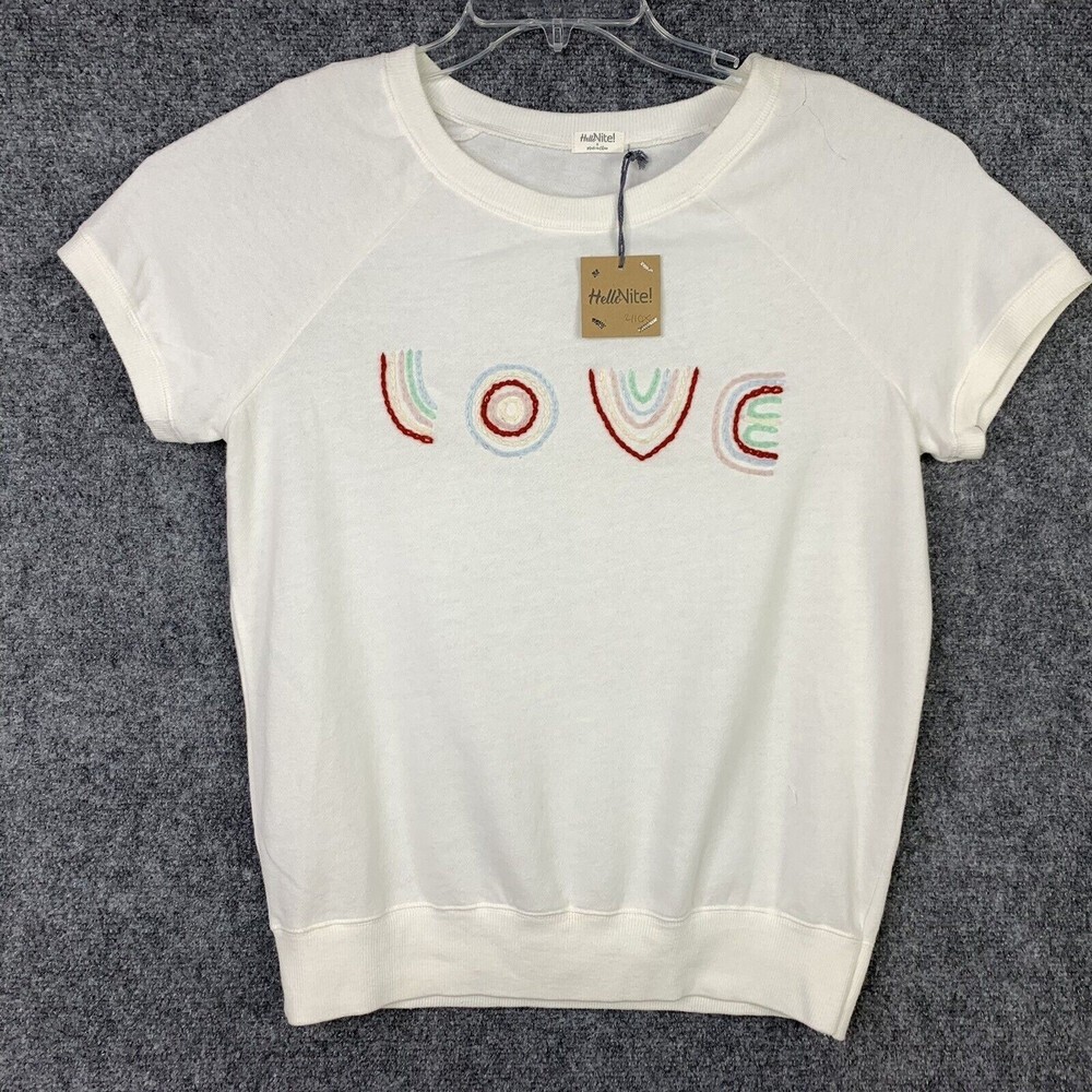 Hello Nite NWT White Knit Top Women Small Short Sleeve Embroidered Love
